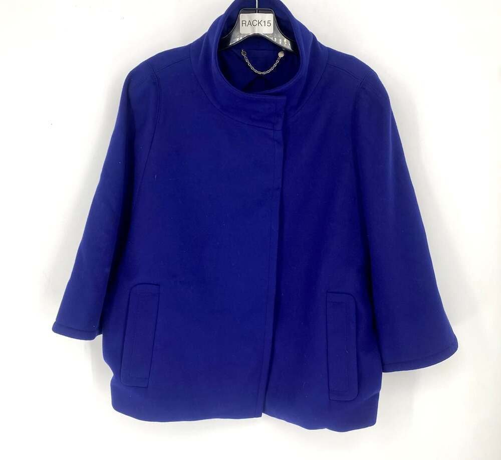 Chico's Black Label Blue Cape Jacket Size 2 US 12-14 Funnel Neck Faux Wool Coat